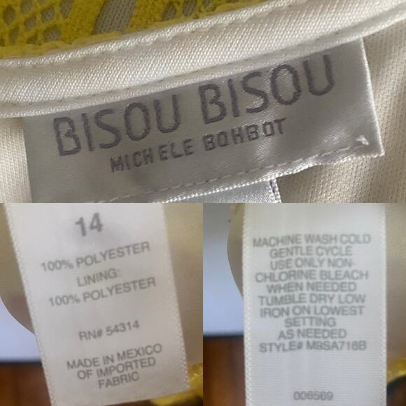 Y2K Vintage Bisou Bisou Yellow Lace Sheath Dress L 14 Crochet Overlay Boho Glam - Picture 13 of 17